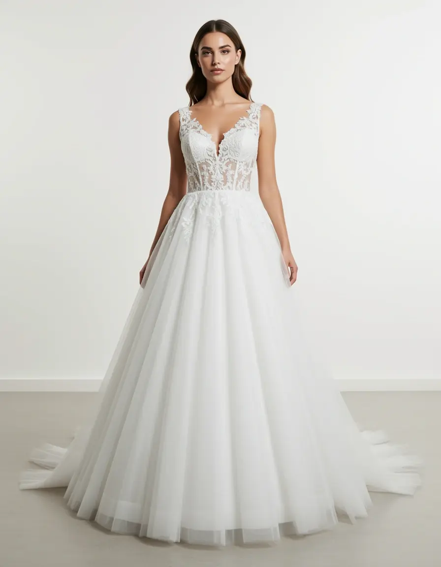 Vestido de boda corte en A con tul sobre modelo