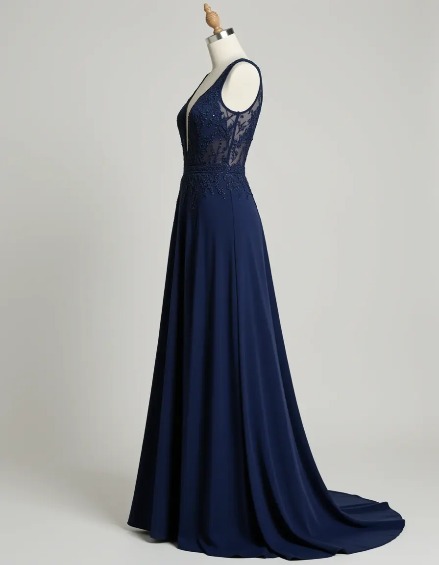 Vestido largo azul marino elegante sobre maniquí