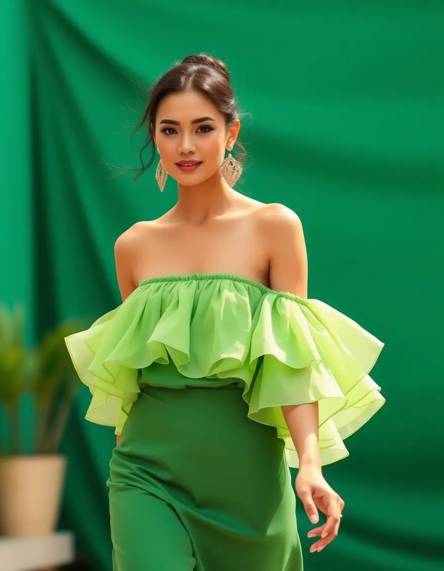 Vestido verde con hombros descubiertos modelo caminando