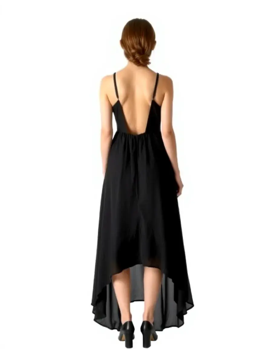 Vestido negro asimétrico high-low vista trasera