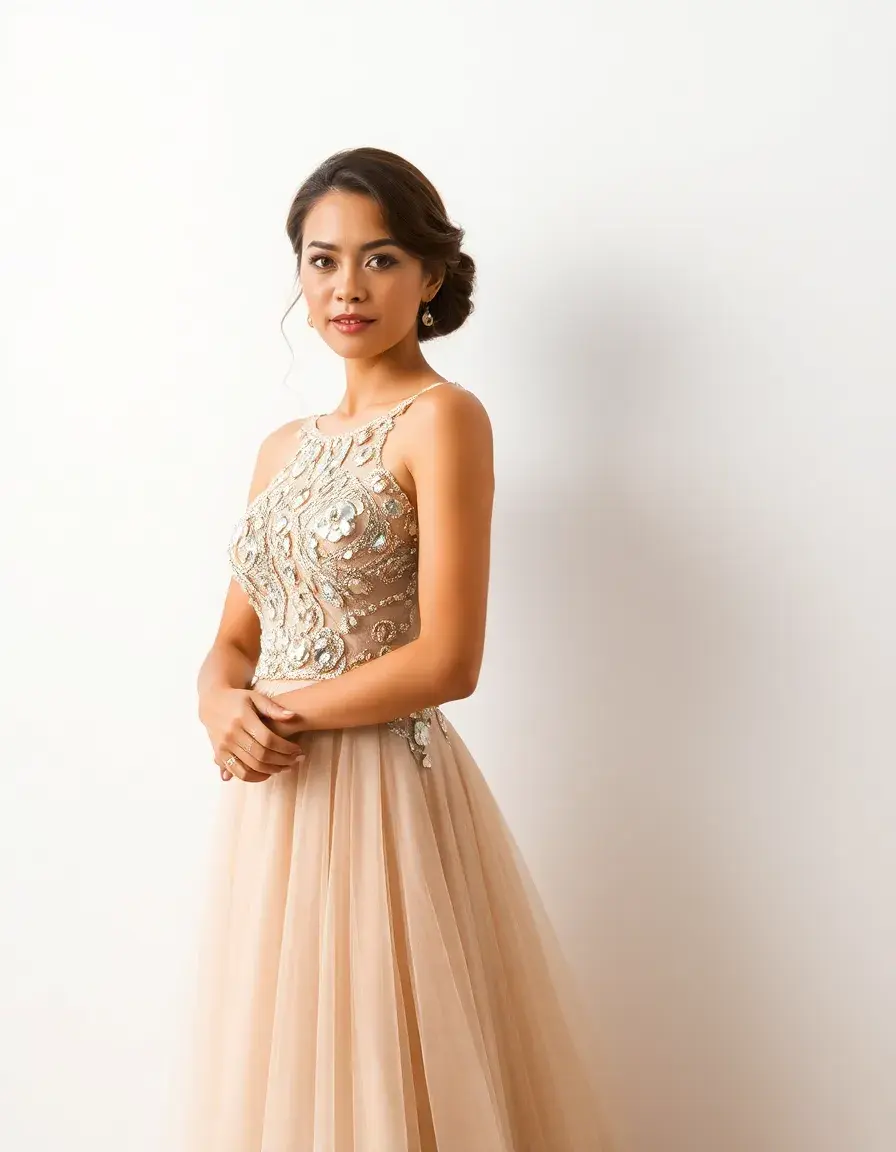 Vestido champagne con corpiño bordado y pedrería