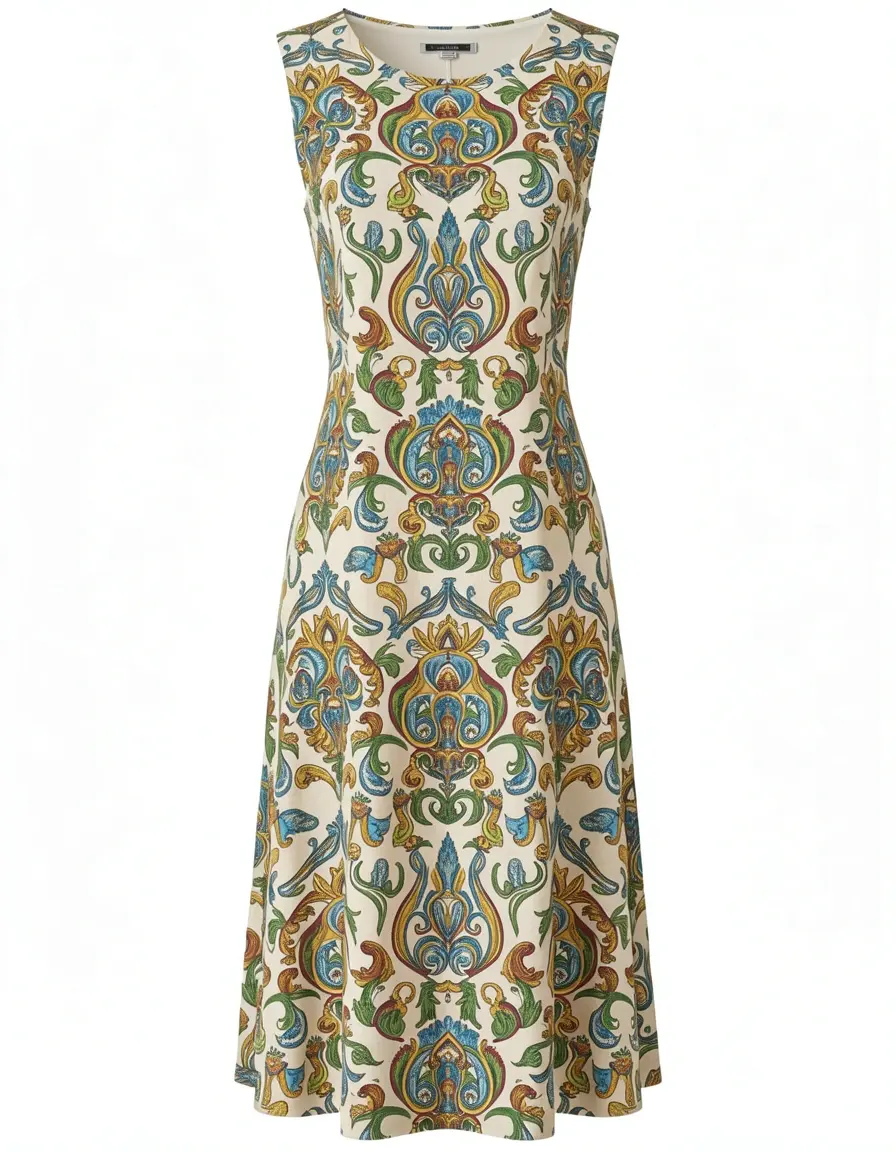 Artistic print dress classic front view la maja vestida style
