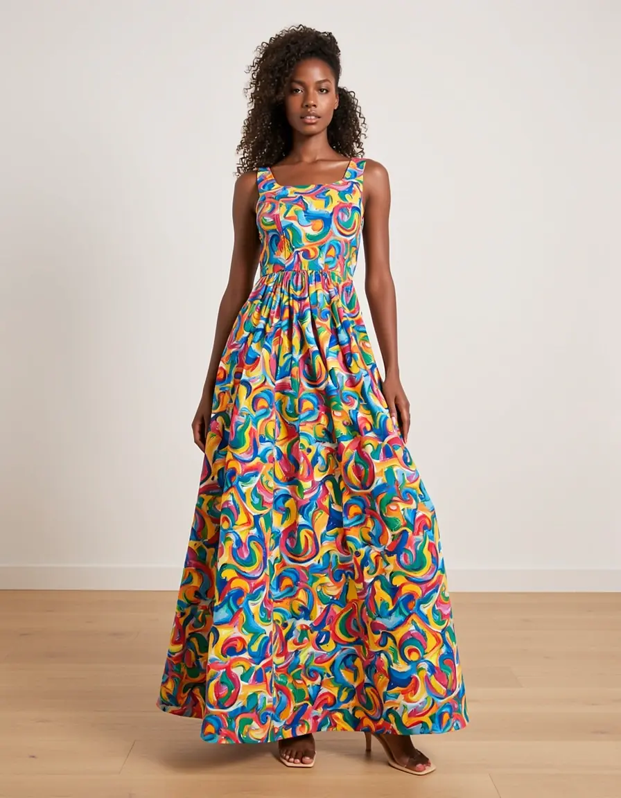 Painted motif dress colorful full length on model