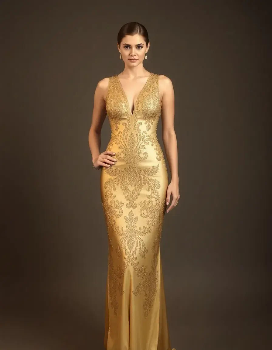 Art deco dress gold front pose glam