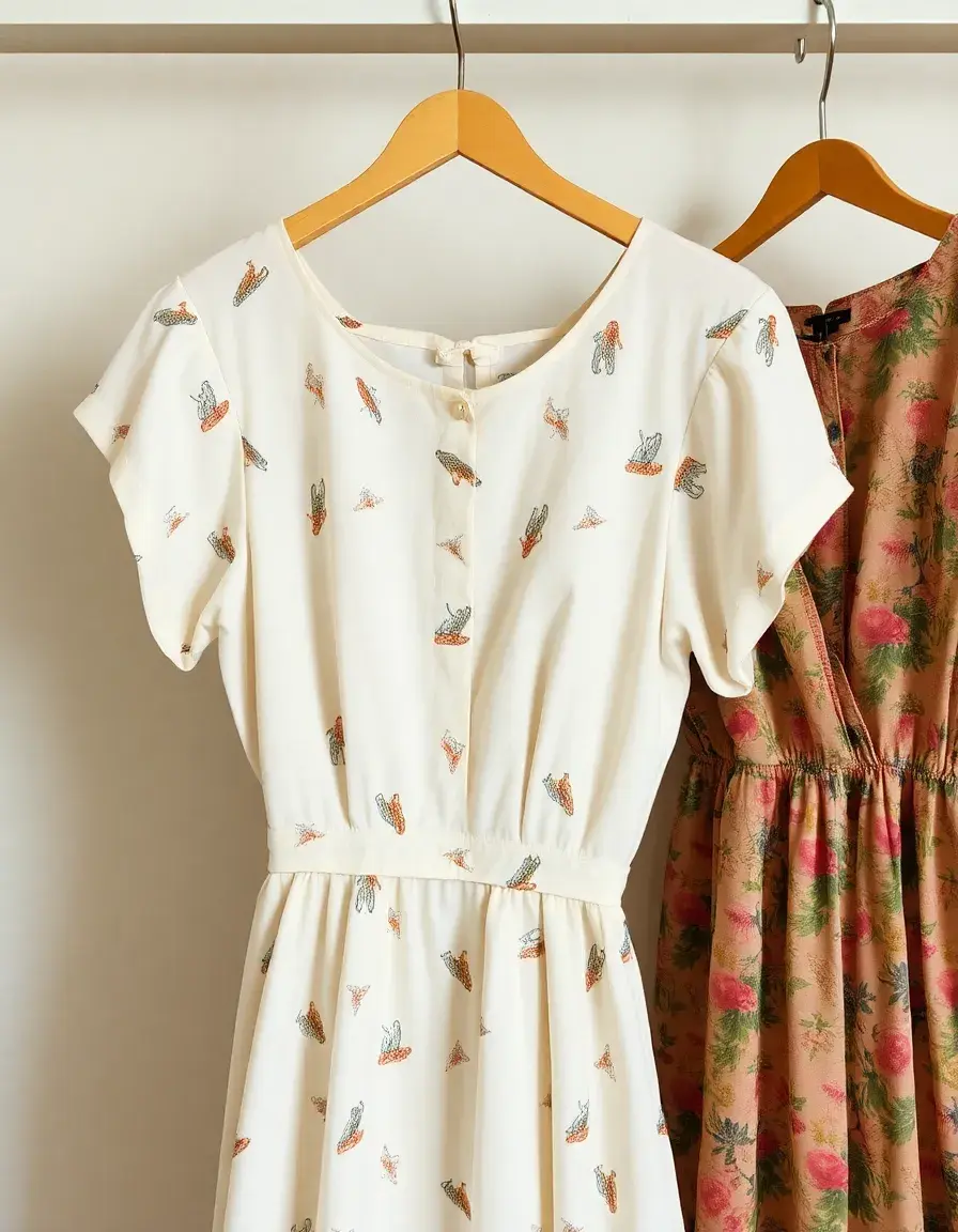 Vintage print dress patterns on hanger