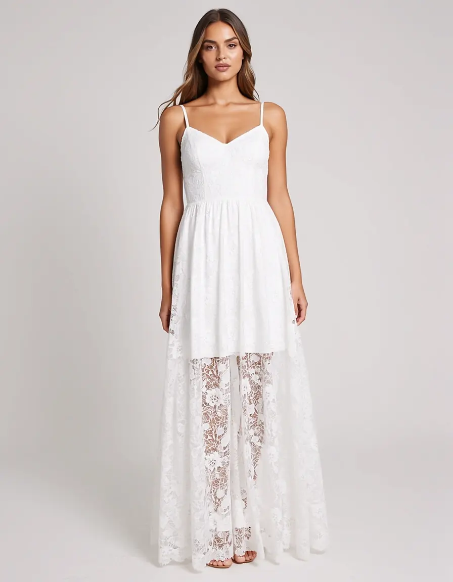Vestido corto de encaje blanco en modelo