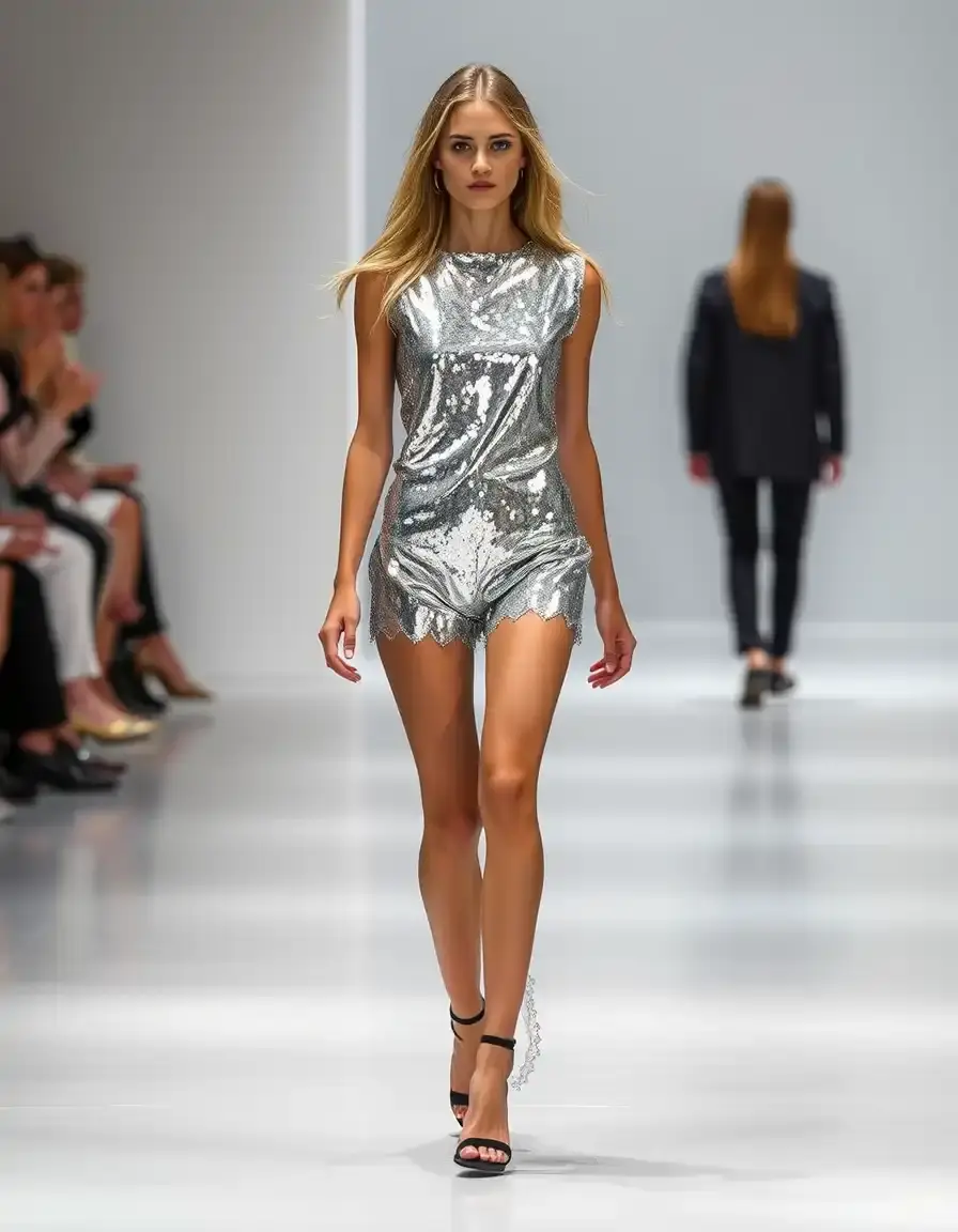 Vestido corto de lentejuelas plateadas en movimiento