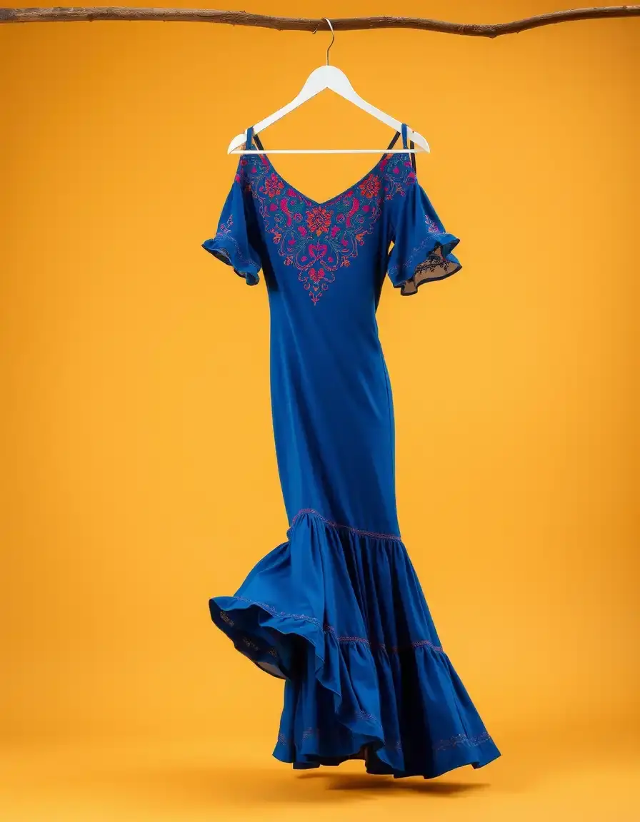 Flamenco Long Dress azul en percha