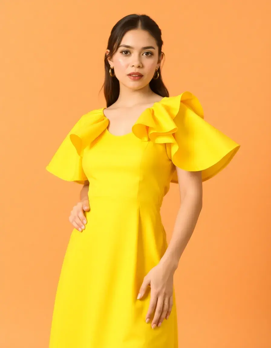 Vestido amarillo con volantes en el hombro