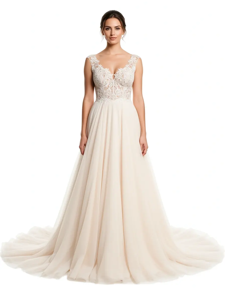 Vestido de gasa ligero para invitada de boda frente a fondo blanco