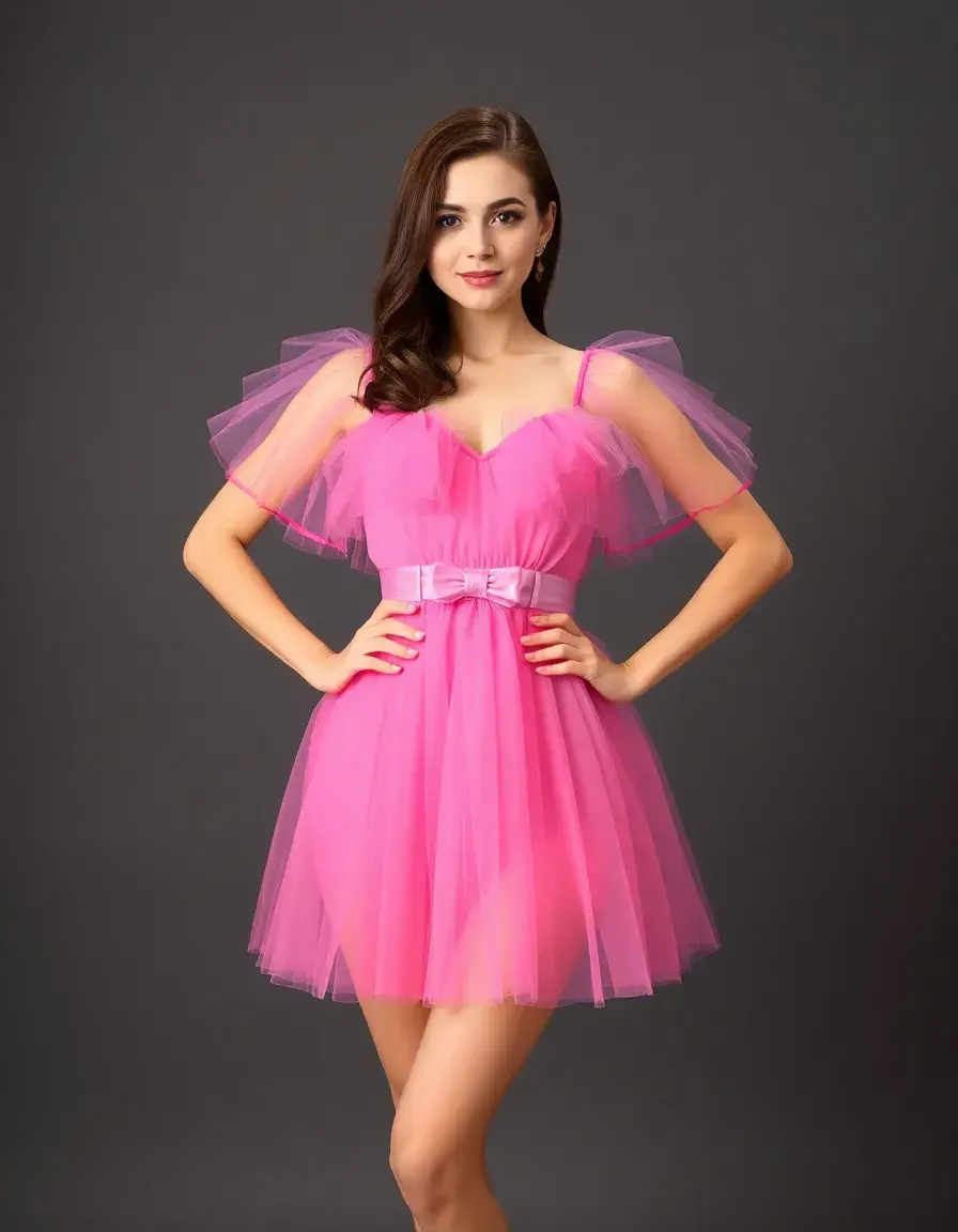 Vestido corto de tul rosa con volumen