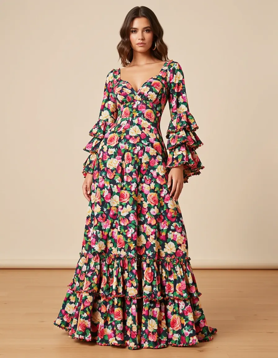 Vestido de flamenca con estampado floral colorido