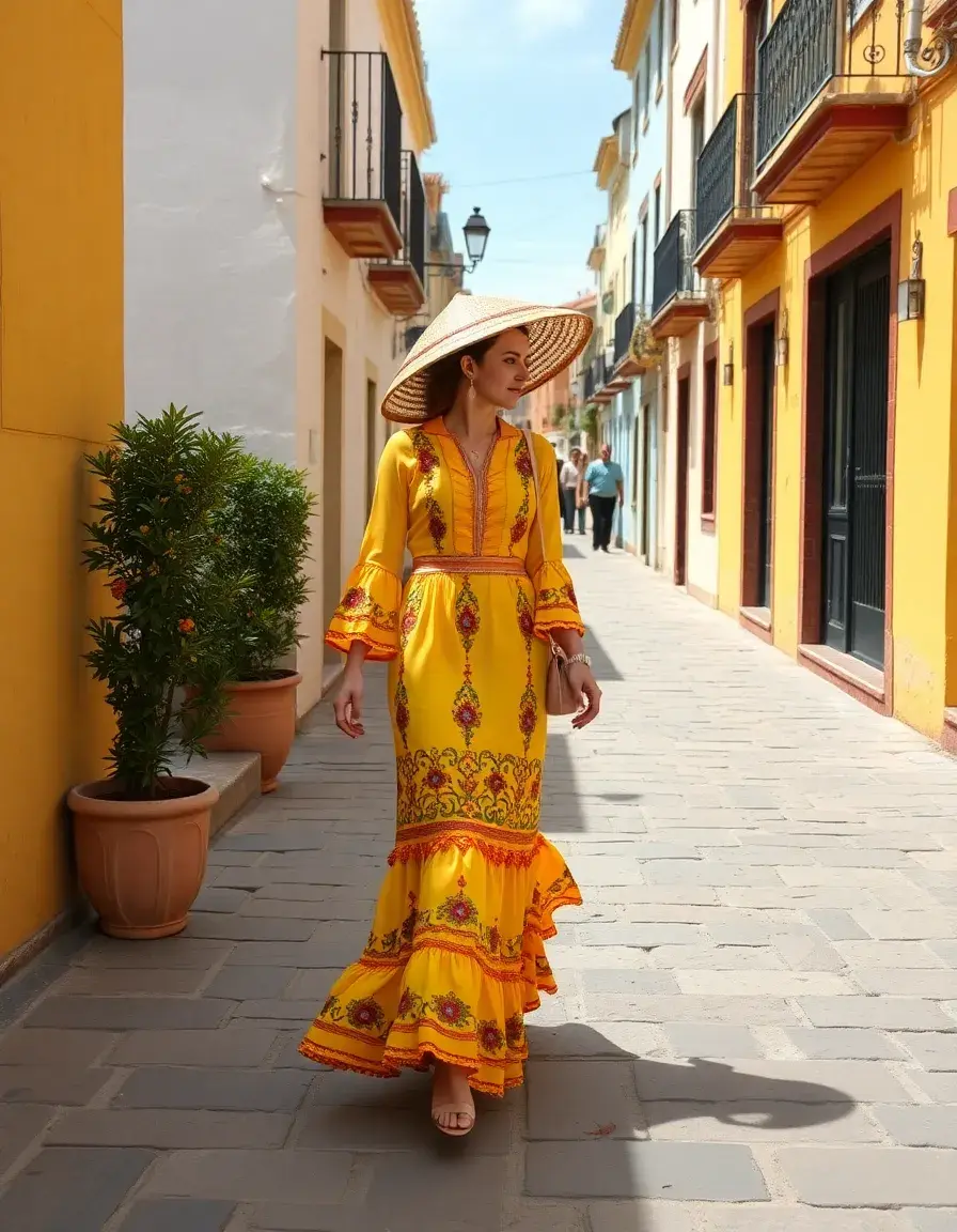 Modelo con vestido de flamenca tradicional amarillo