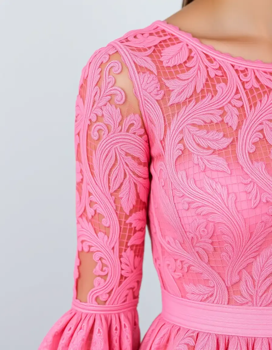 Detalle de encaje en vestido de flamenca rosa