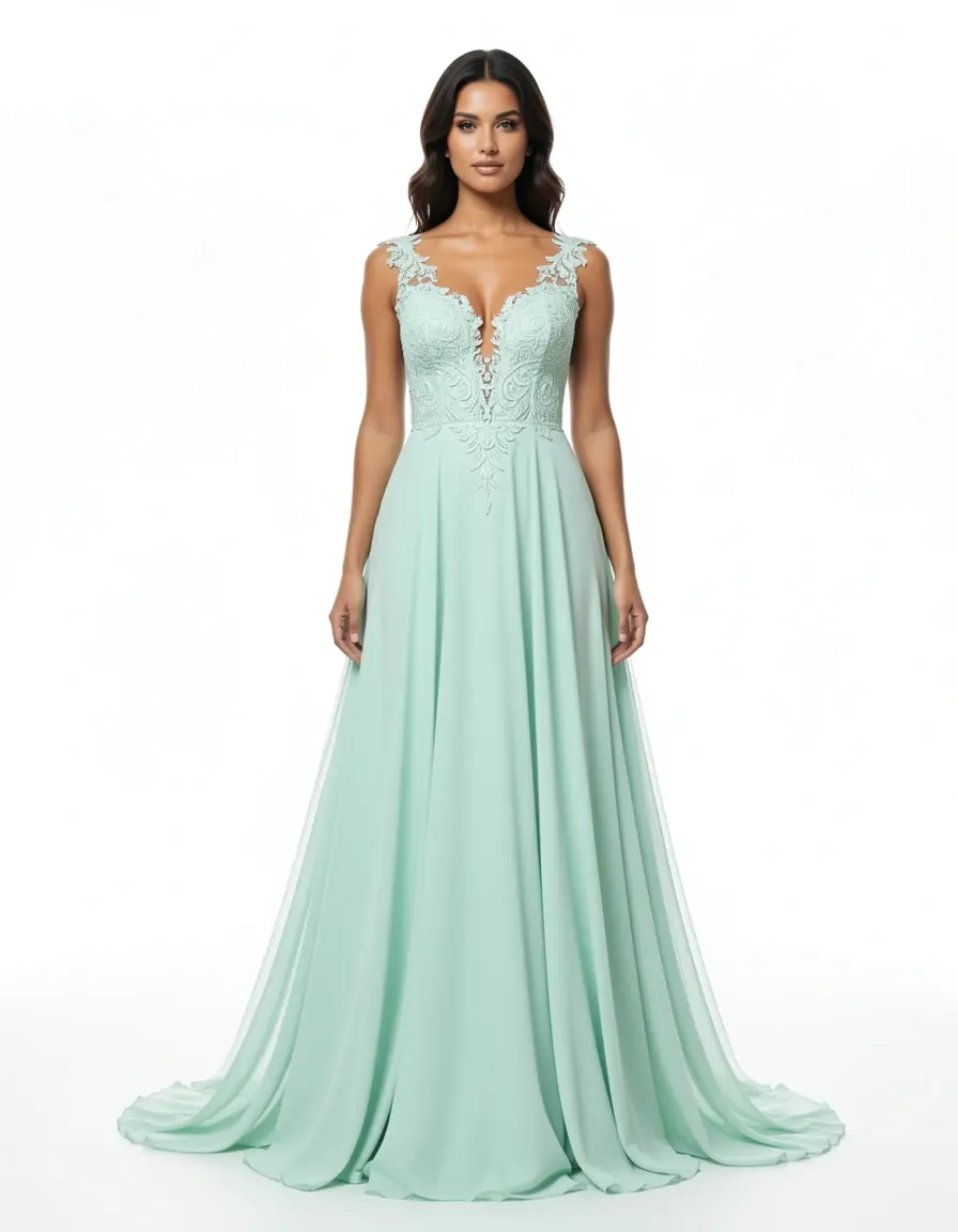 Vestido invitadas boda chiffon color menta de frente