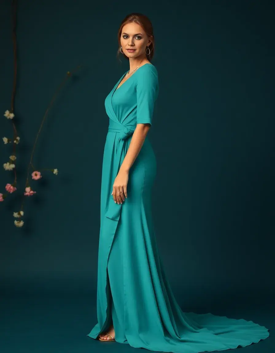 Vestido wrap largo azul petróleo sobre modelo