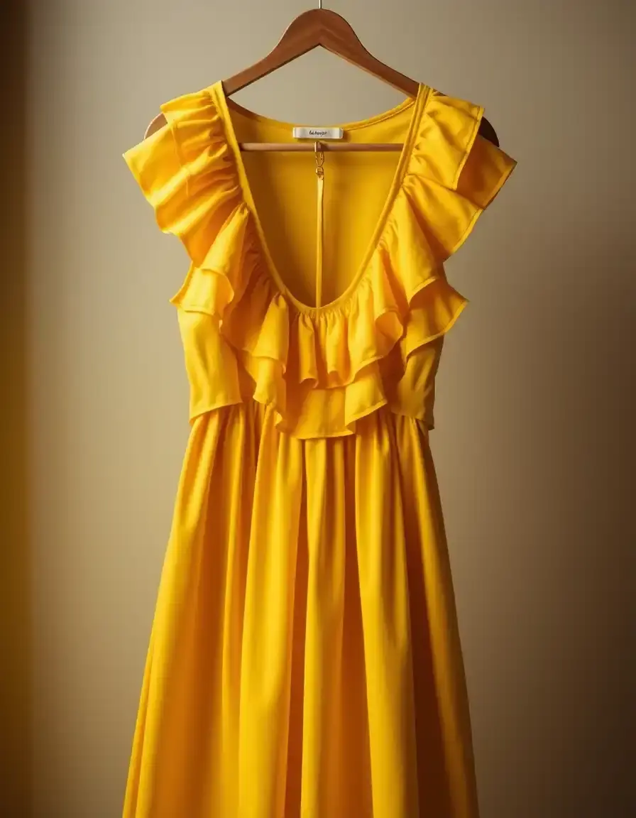 Vestido con volantes color amarillo en percha
