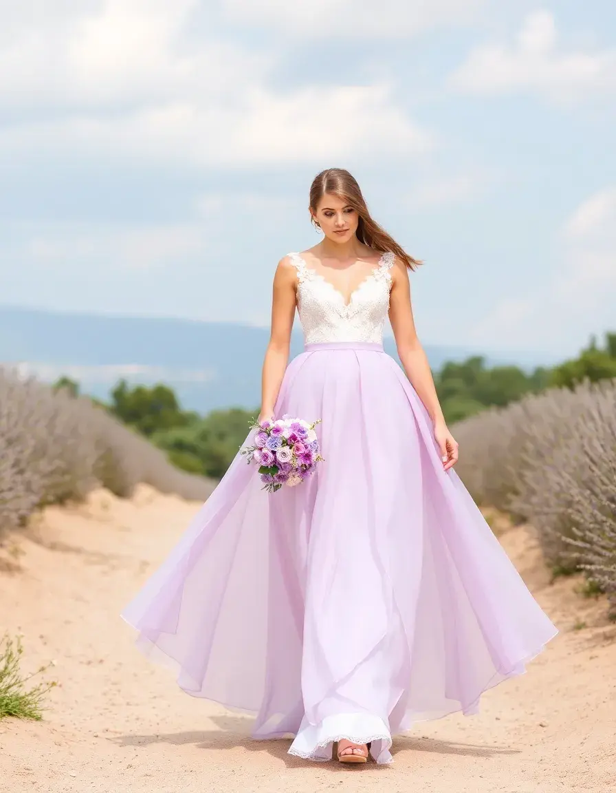 Vestido línea A color lavanda modelo caminando
