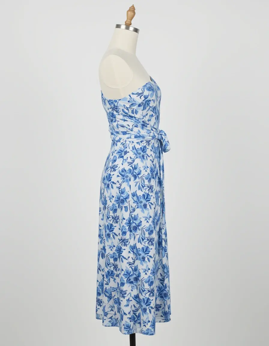 Floral midi wrap dress in blue side view