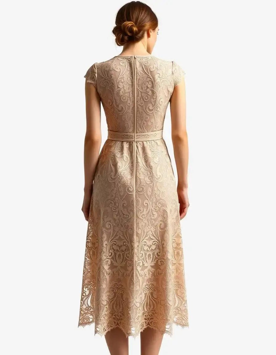 Lace midi dress in beige back view