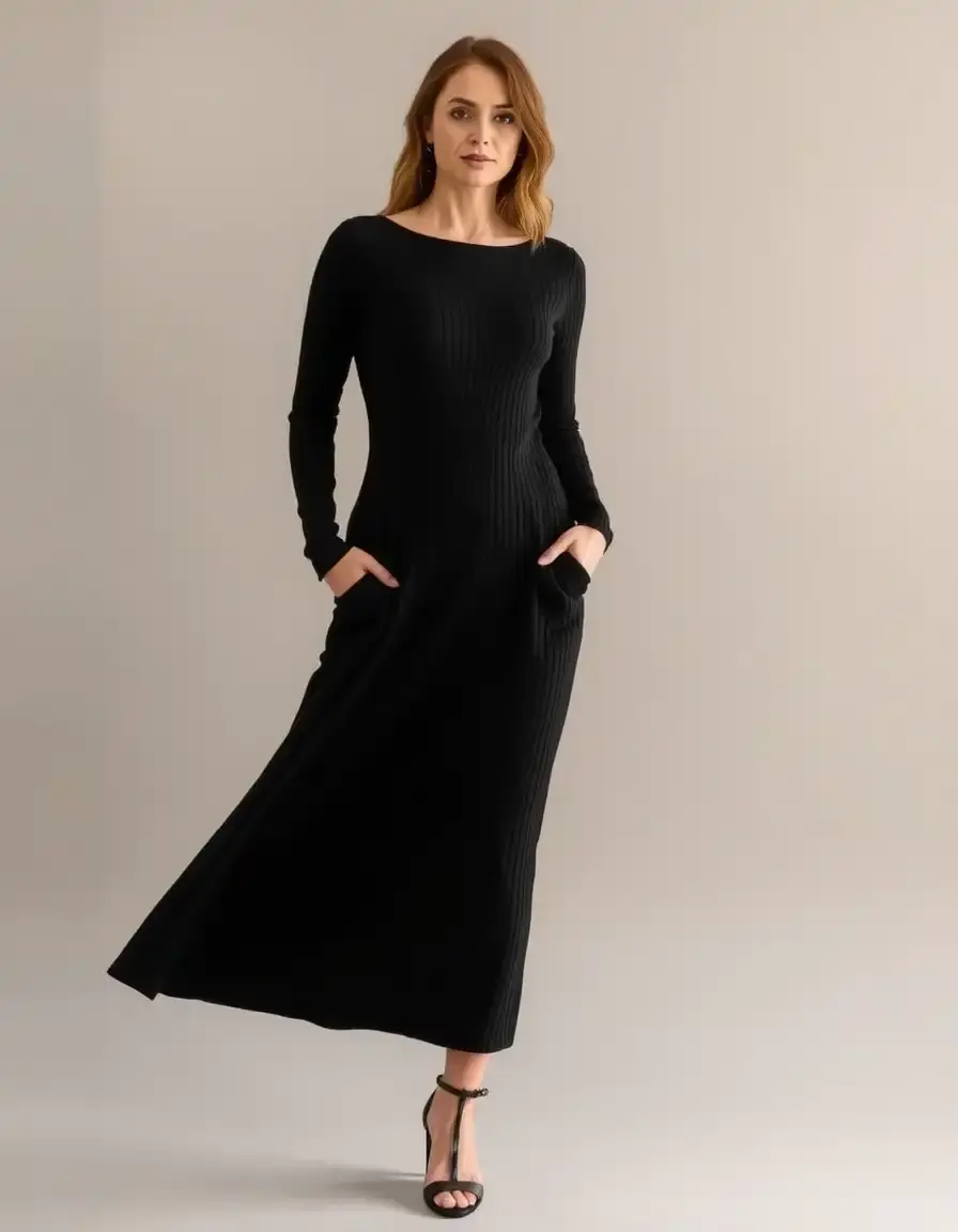 Knit midi dress in black front pose