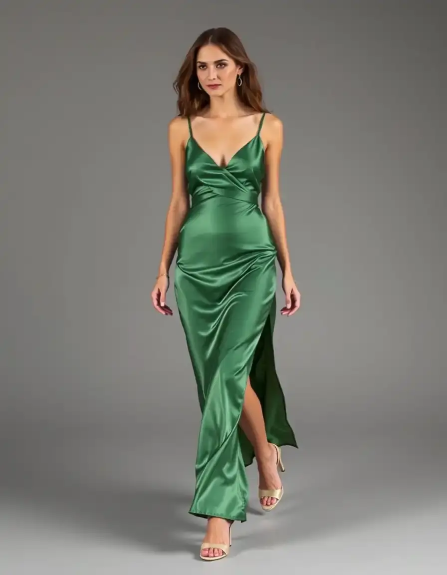 Satin midi slip dress in green walking