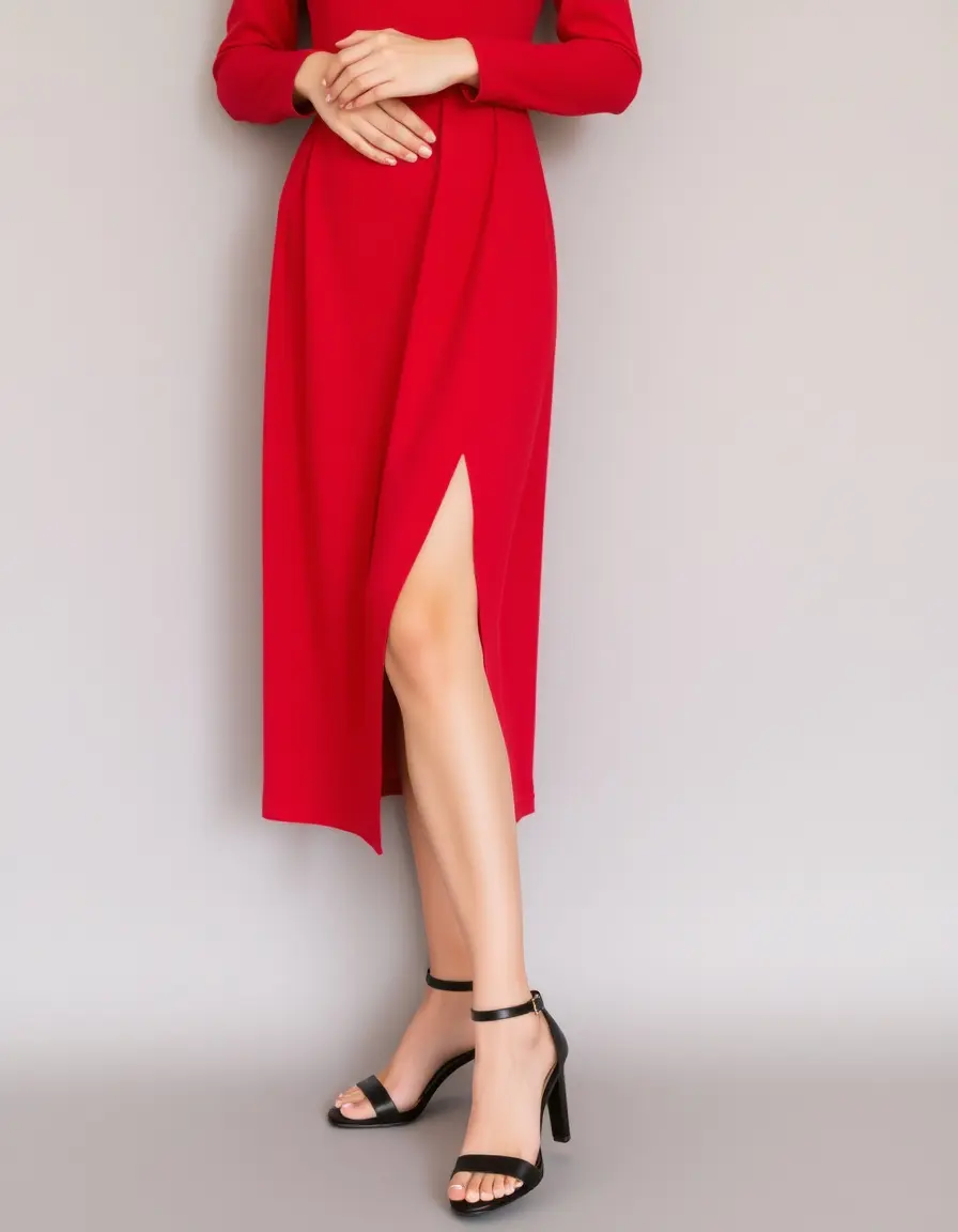 A-line midi dress in red close-up detail