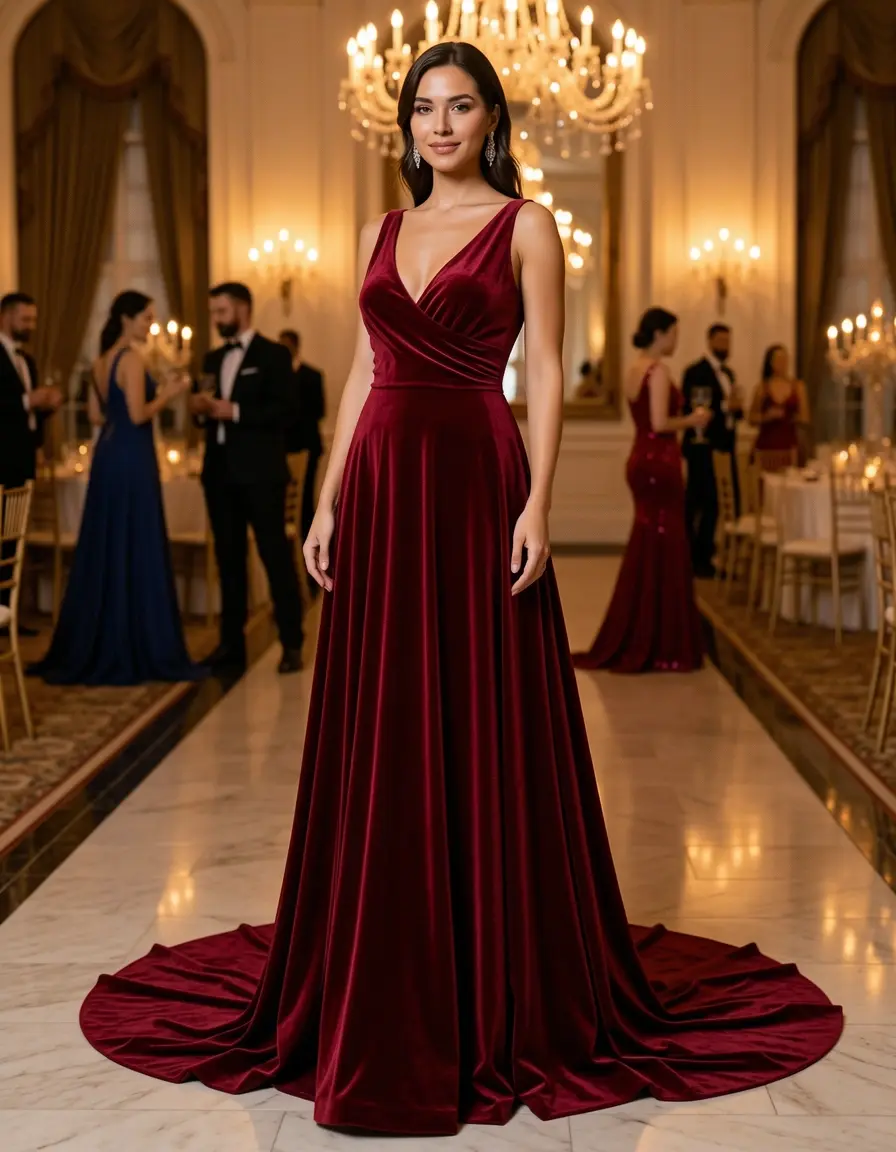 Vestido largo de terciopelo rojo elegante