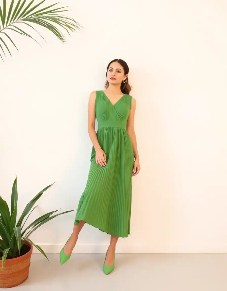 Midi Pleated Dress verde plisado