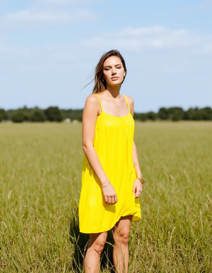 Vestido amarillo de tirantes en un campo