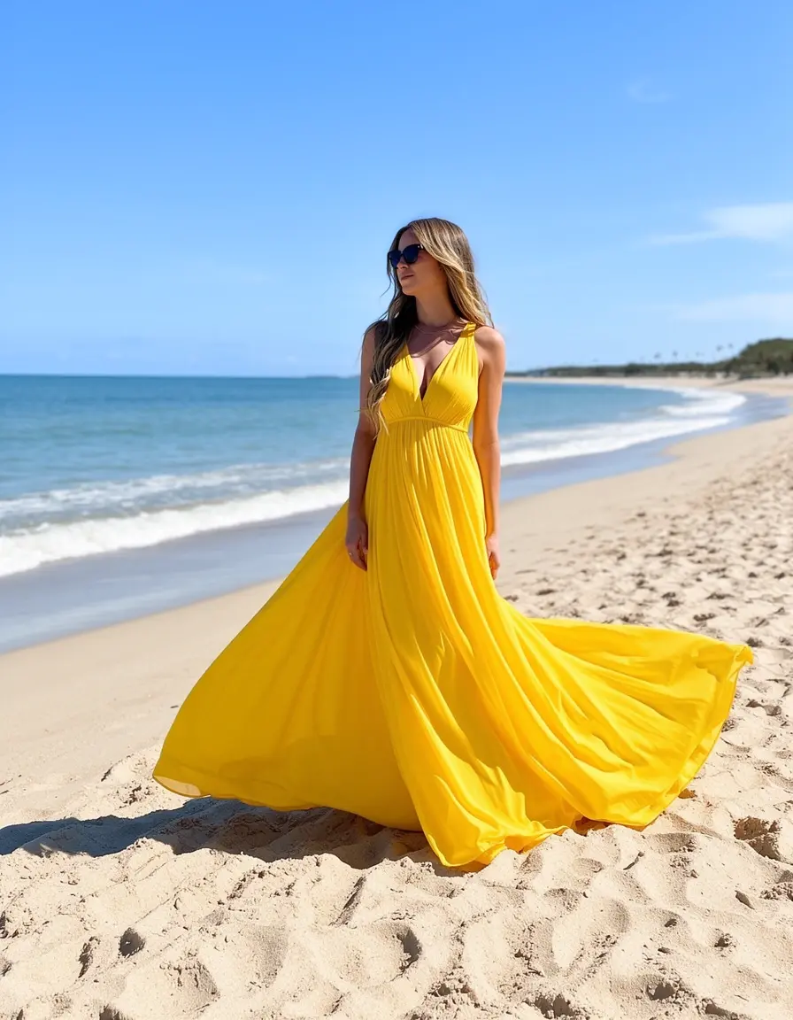 Maxi vestido amarillo fluido en la playa