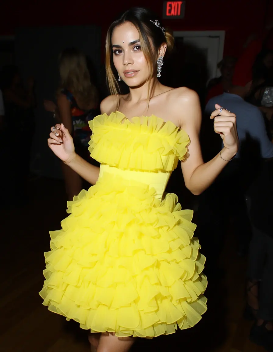 Vestido de cóctel amarillo con volantes