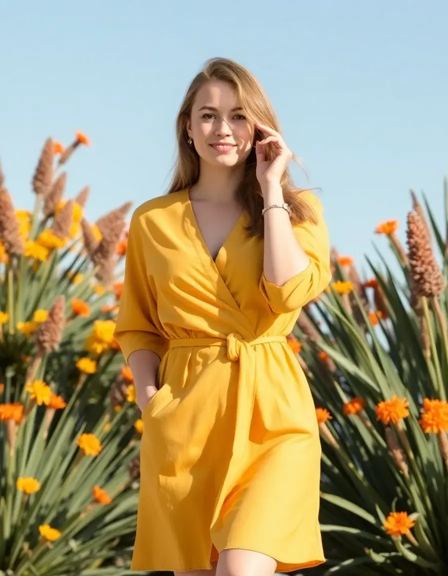 Vestido cruzado amarillo mostaza casual