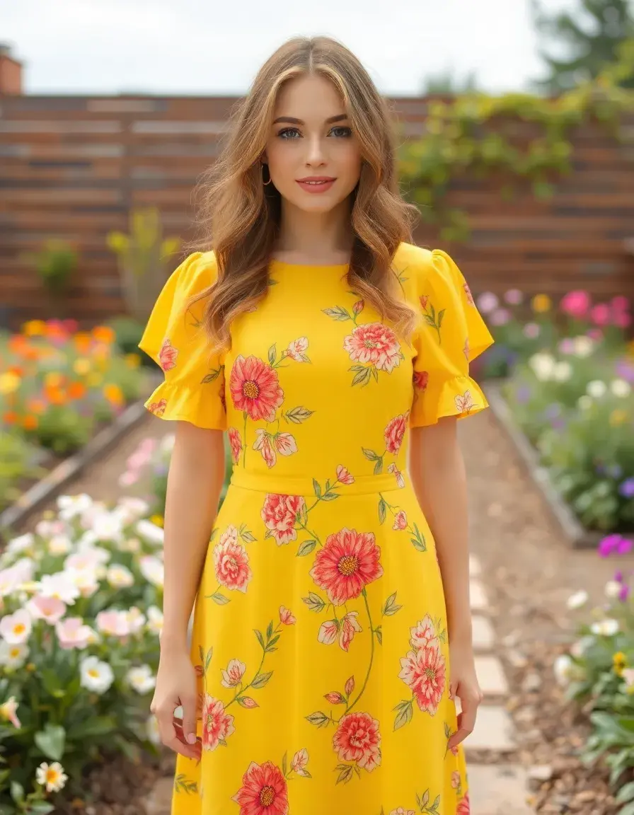 Vestido amarillo con estampado floral de jardín