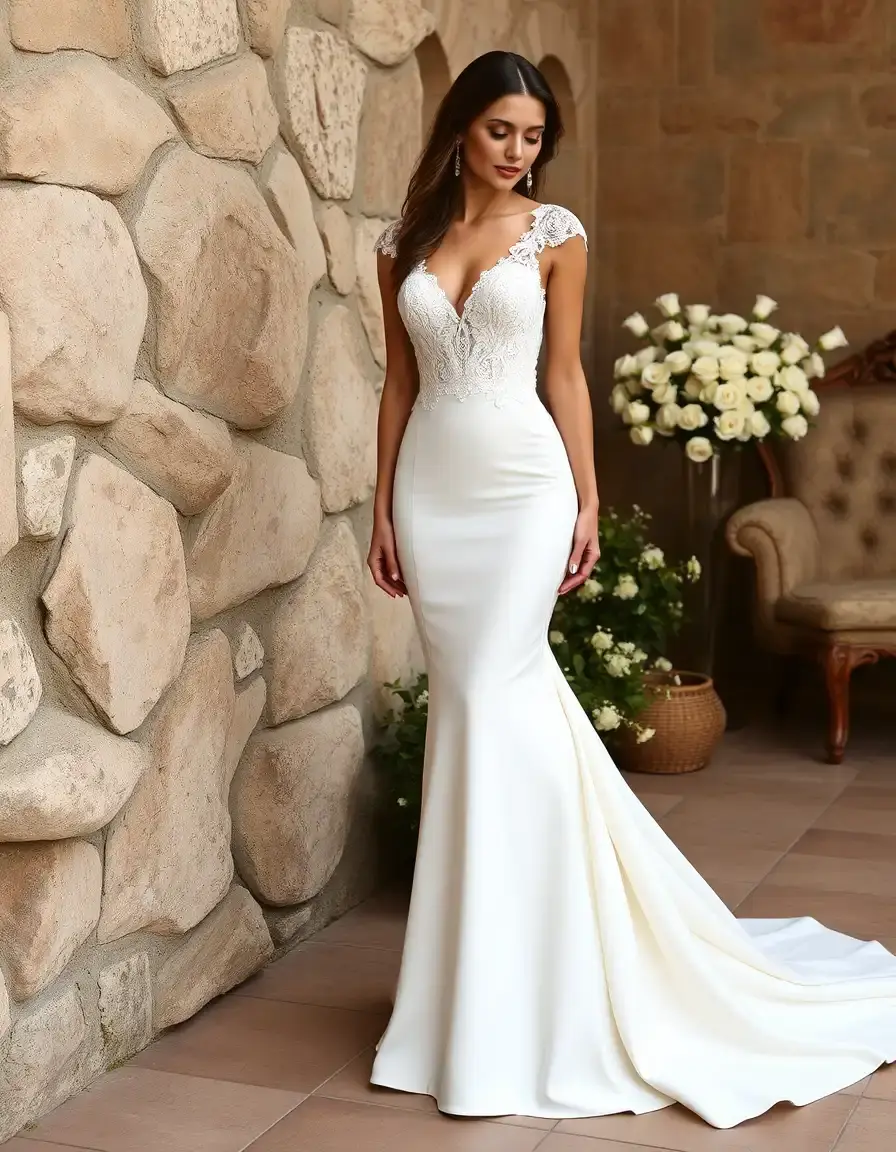 Vestido de novia corte sirena ajustado color marfil