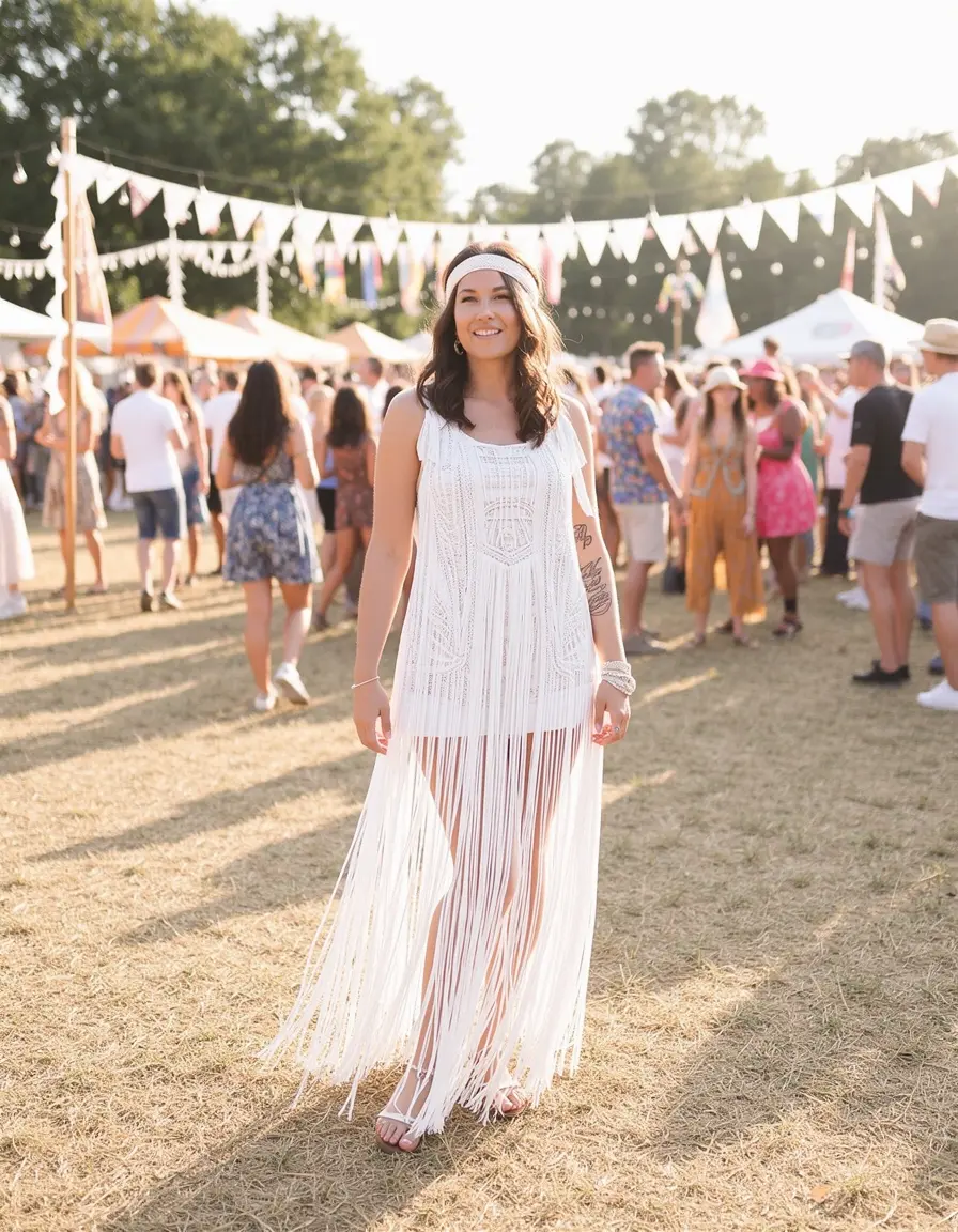 Vestido largo blanco con flecos estilo boho festival