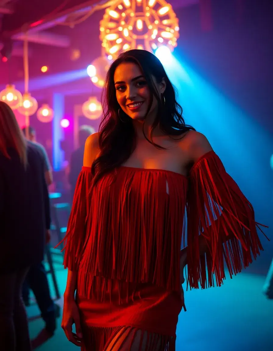 Vestido de cóctel rojo con flecos llamativo