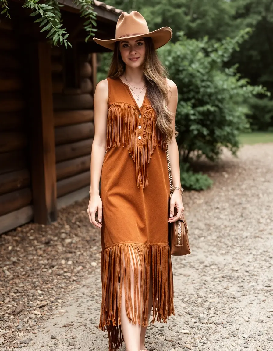 Vestido de ante marrón con flecos estilo western