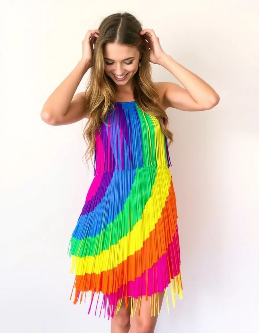 Vestido multicolor con flecos arcoíris divertido