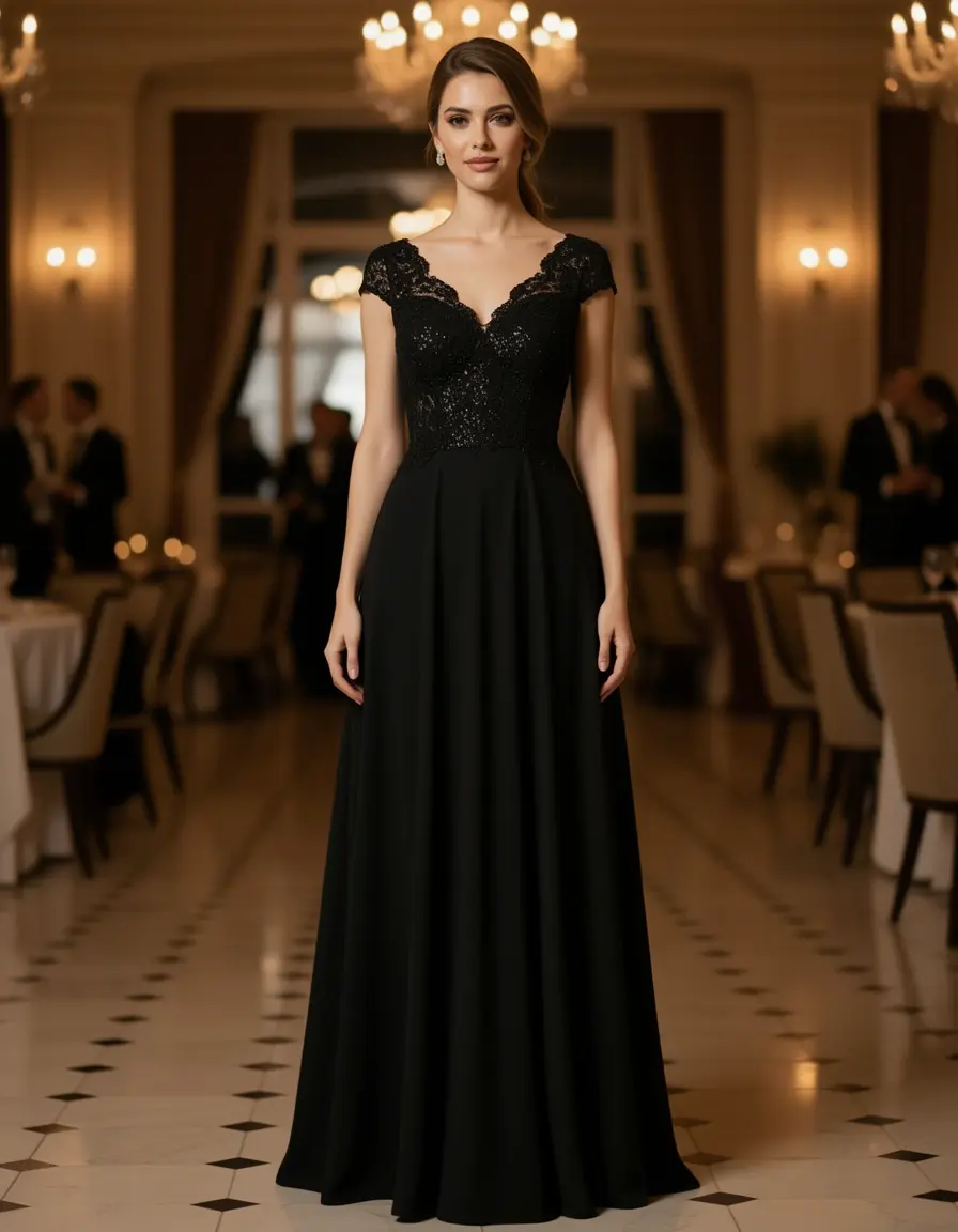 Vestido largo mujer negro clásico y elegante para la noche