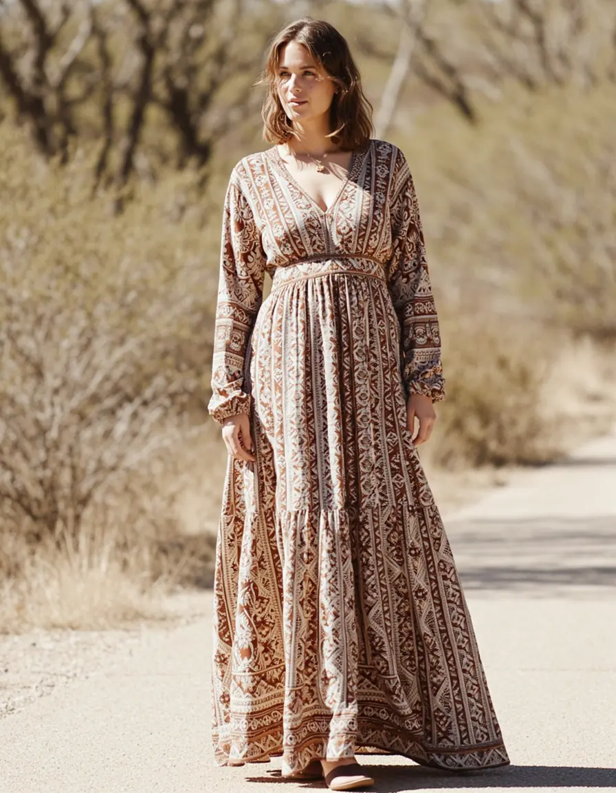 Vestido largo mujer estilo boho con patrones étnicos y tonos tierra