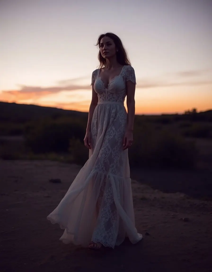 Vestido largo mujer de encaje blanco romántico y delicado