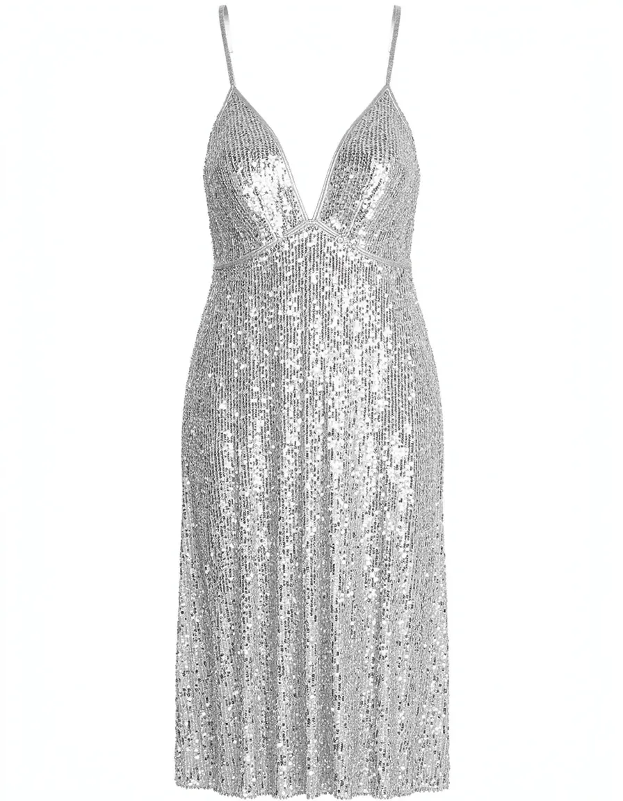 Vestido de fiesta de lentejuelas plateado corte moderno