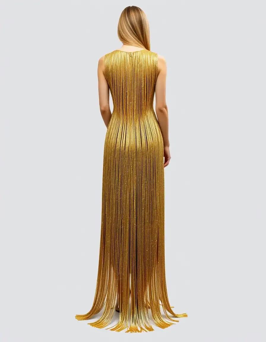 Vestido con flecos y pedrería dorado estilo vintage