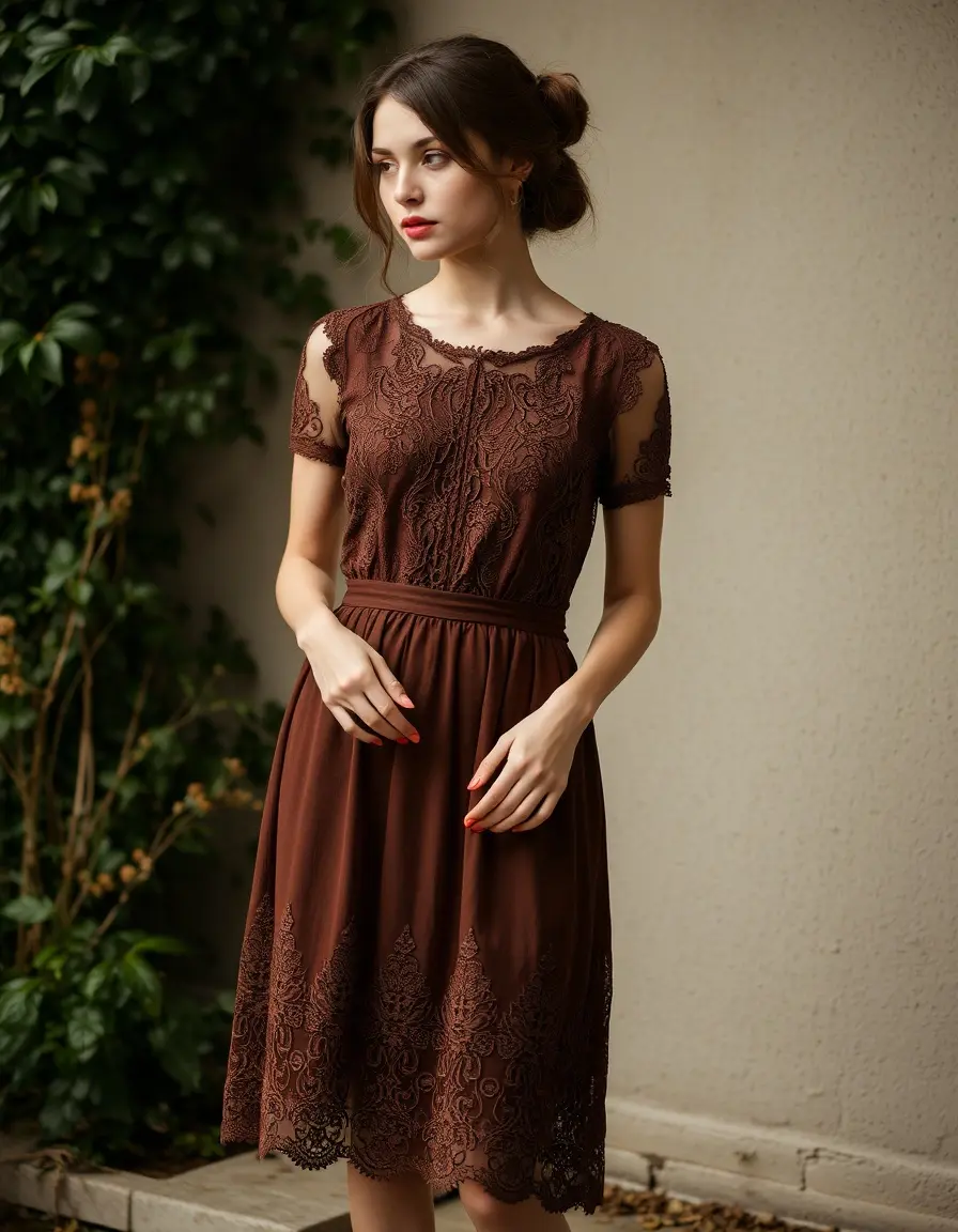 Brown Lace Detailed Dress