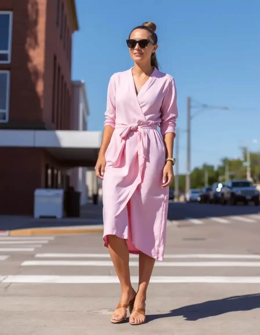 Vestido cruzado rosa pastel casual wrap dress