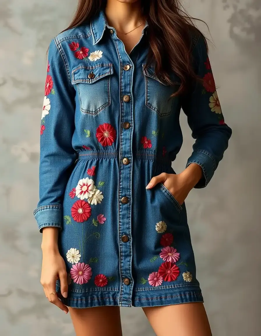 Vestido vaquero bordado con flores único