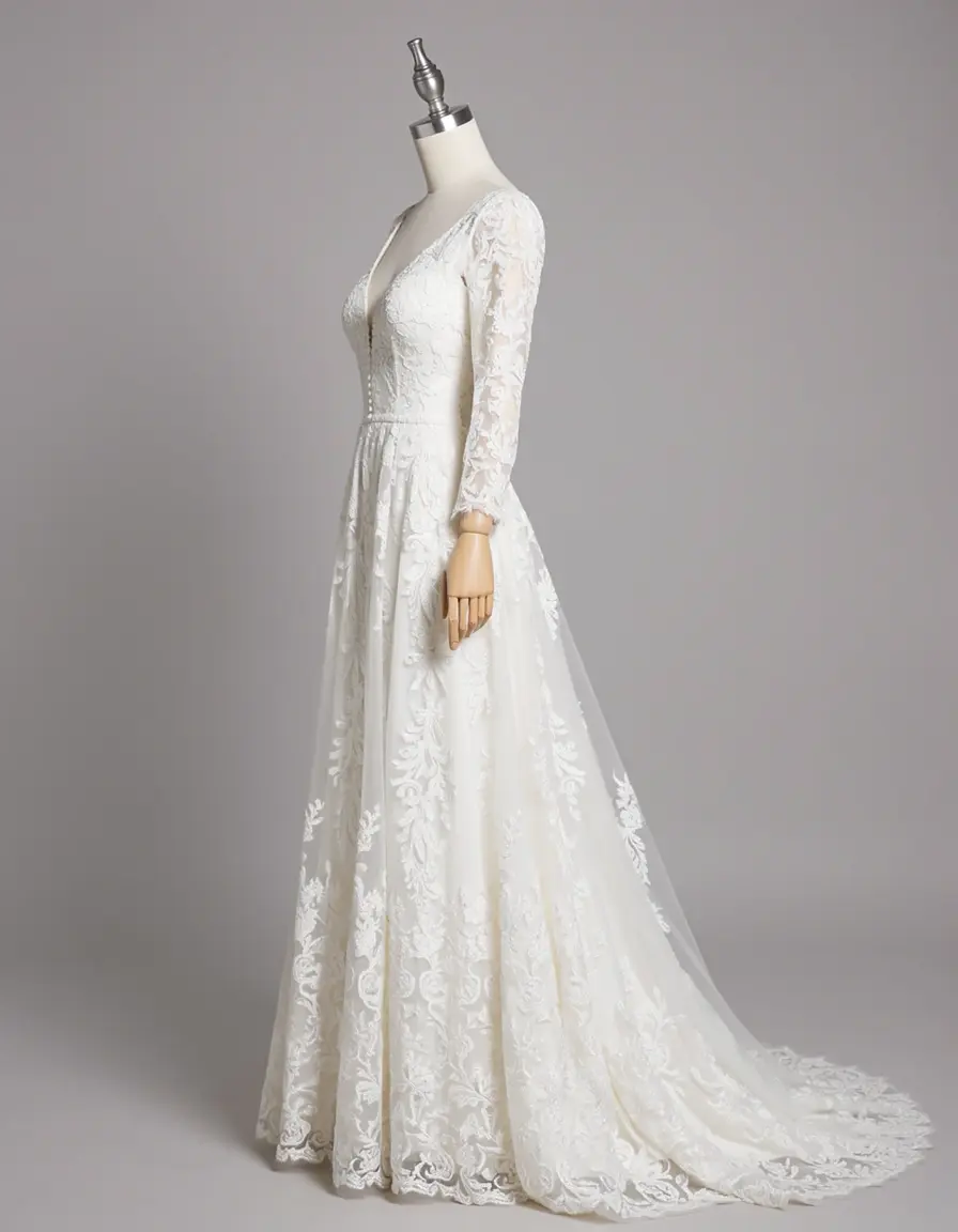 Vestido de novia corte sirena blanco sobre maniquí