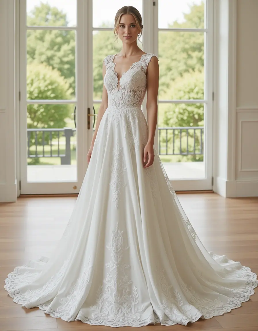 Vestido de novia corte en A con cola larga