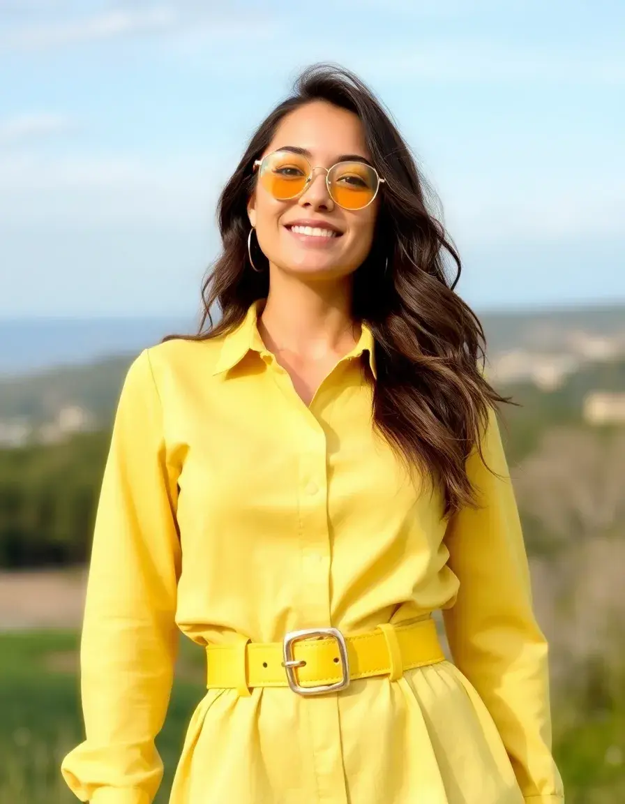 Vestido línea A con cinturón amarillo
